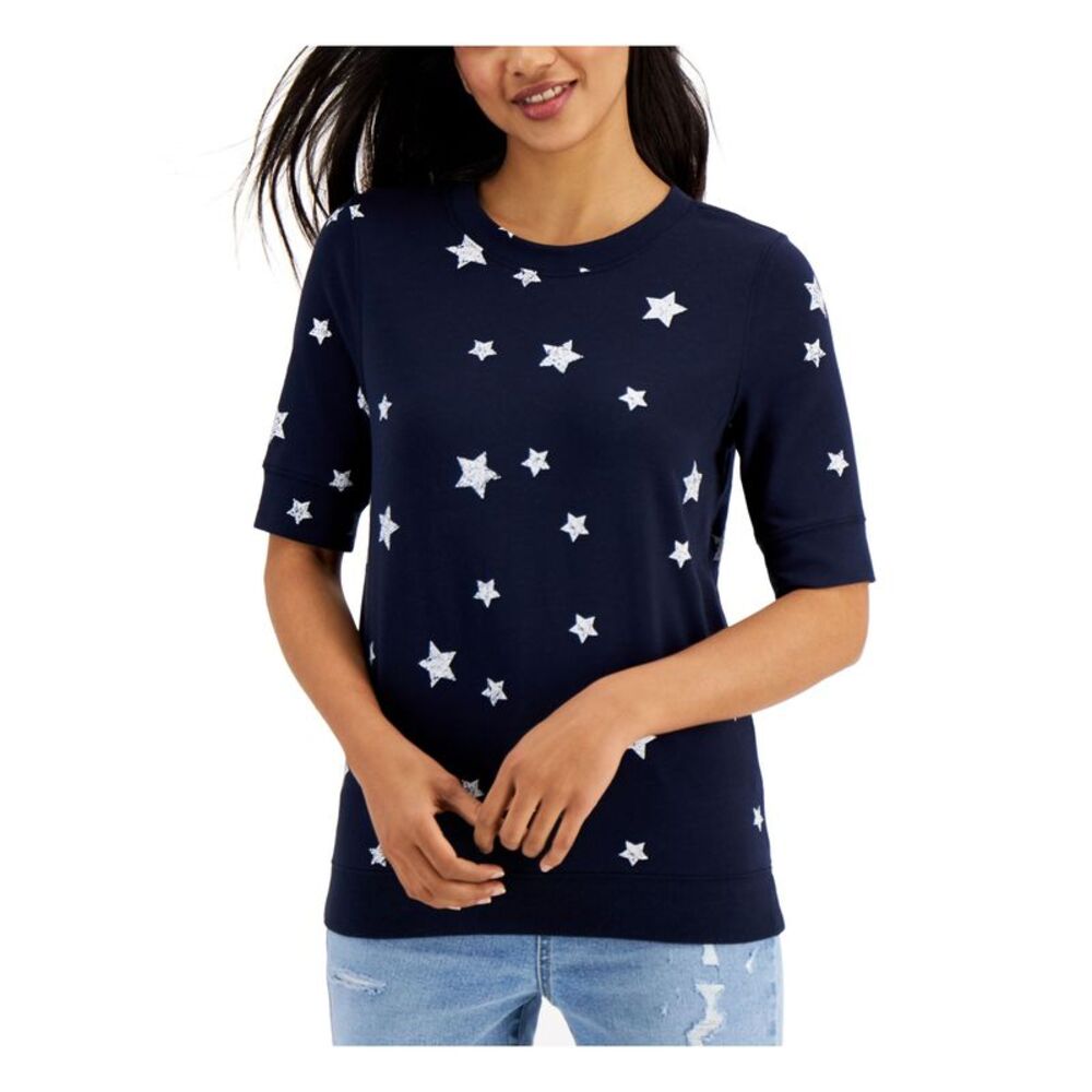 STYLE & COMPANY Womens Navy Stretch Elbow Sleeve Crew Neck Sweatshirt S